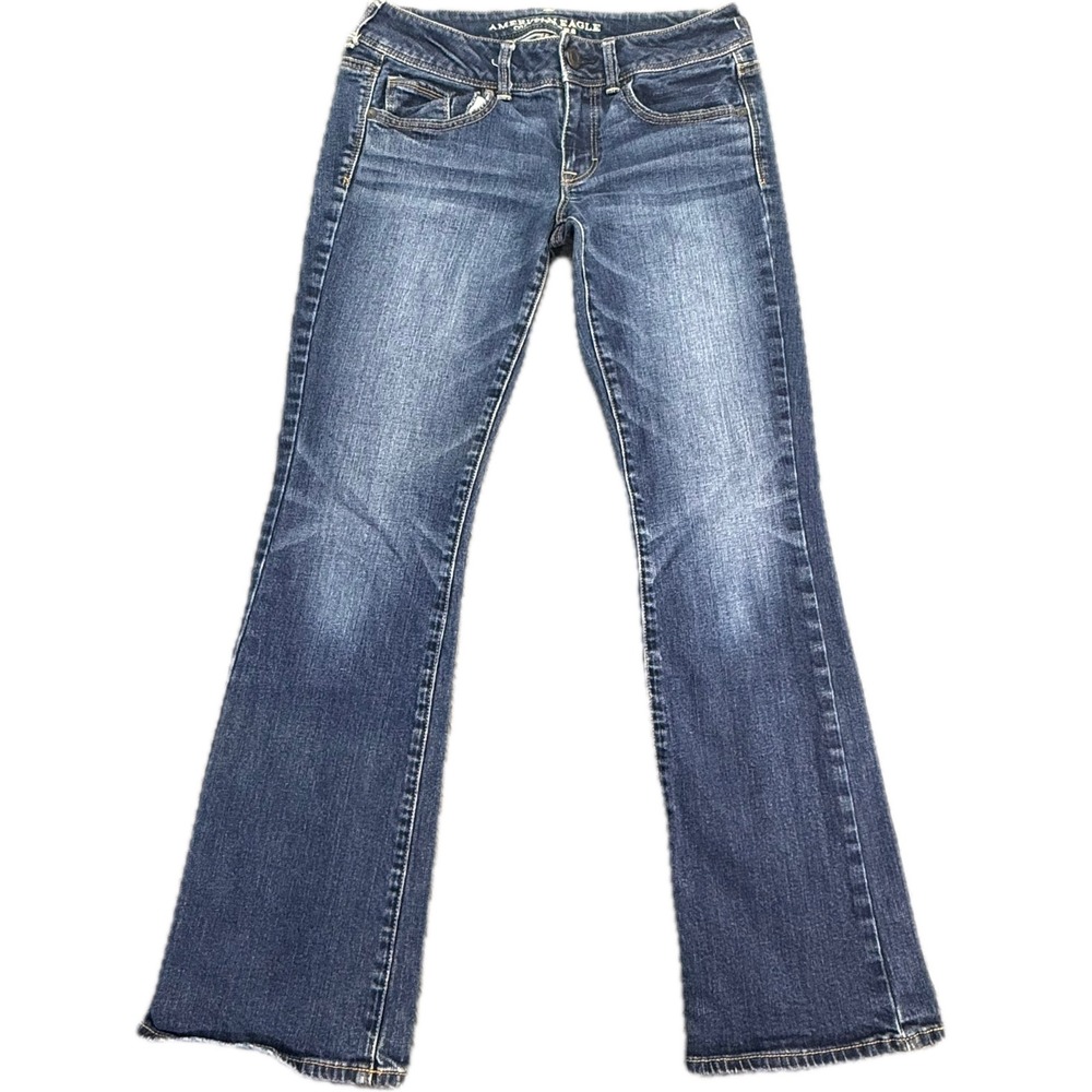 American Eagle Kick Boot Jeans Women 8 Blue Stretch Low Rise Dark Wash Denim
